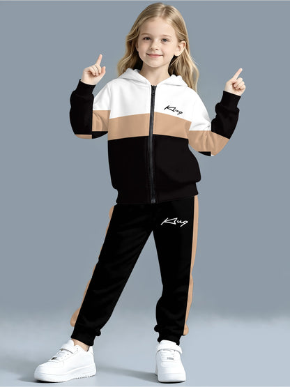 Girls' Casual Zipper Hoodie and Jogger Set for Spring & Fall