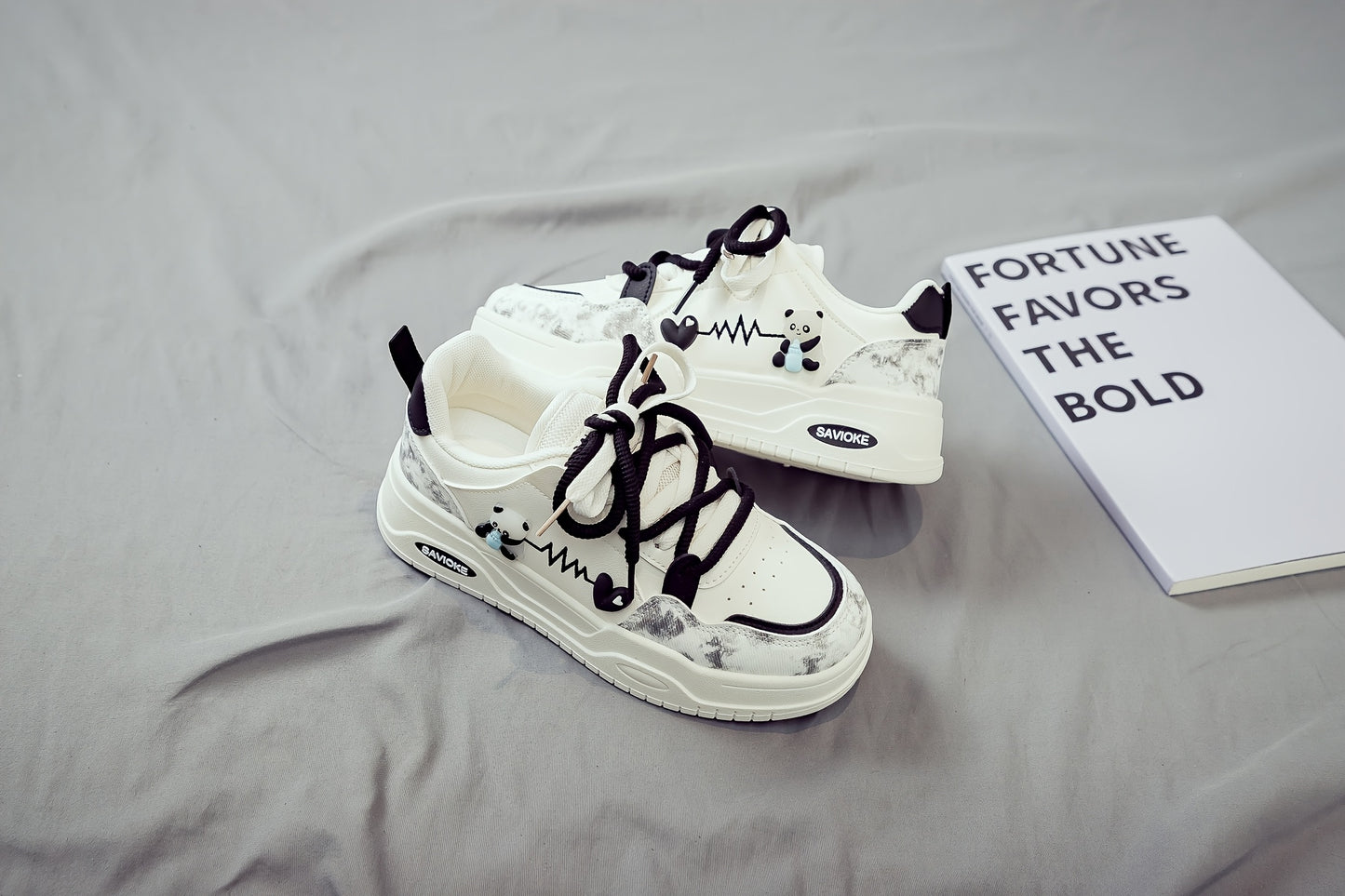 Women's White Mid-Top Sneakers with Bear  Heart Stripes Design - PU Cover  Upper, Thick Cushioned PVC Sole - Trendy Casual Shoes for All-Season Comfort