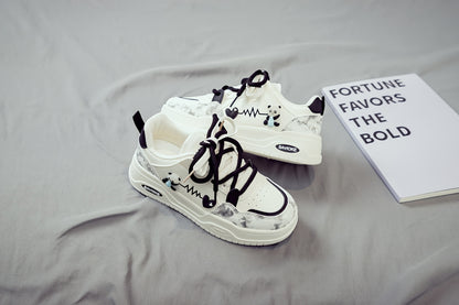 Women's White Mid-Top Sneakers with Bear  Heart Stripes Design - PU Cover  Upper, Thick Cushioned PVC Sole - Trendy Casual Shoes for All-Season Comfort