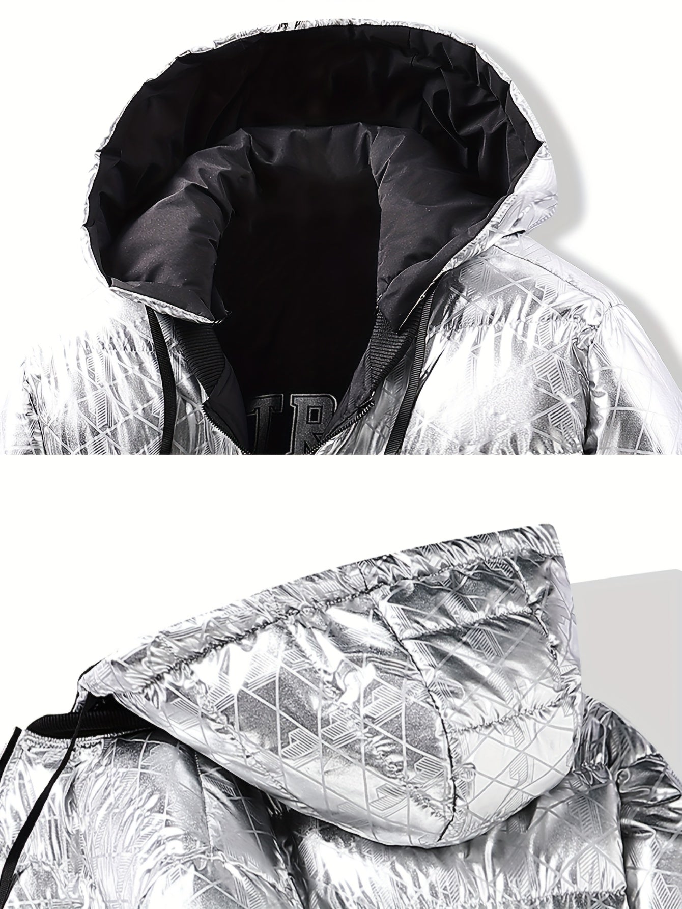 Men'S Stylish Hooded Winter Jacket - Thickened, Warm, and Trendy with Geometric Pattern, Black with Orange Accents, Polyester Filler, Perfect for Cold Weather, Winter Jacket Hooded