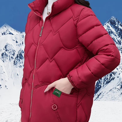 Plus Size - Women'S Stylish Red Quilted Jacket - Long Sleeve, Zip-Up Winter Coat with Pockets, Casual Polyester Outerwear for Cold Weather, Winter Jacket