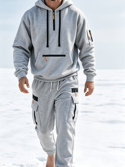 Men's Casual Hooded Tracksuit Set with Zipper Pockets