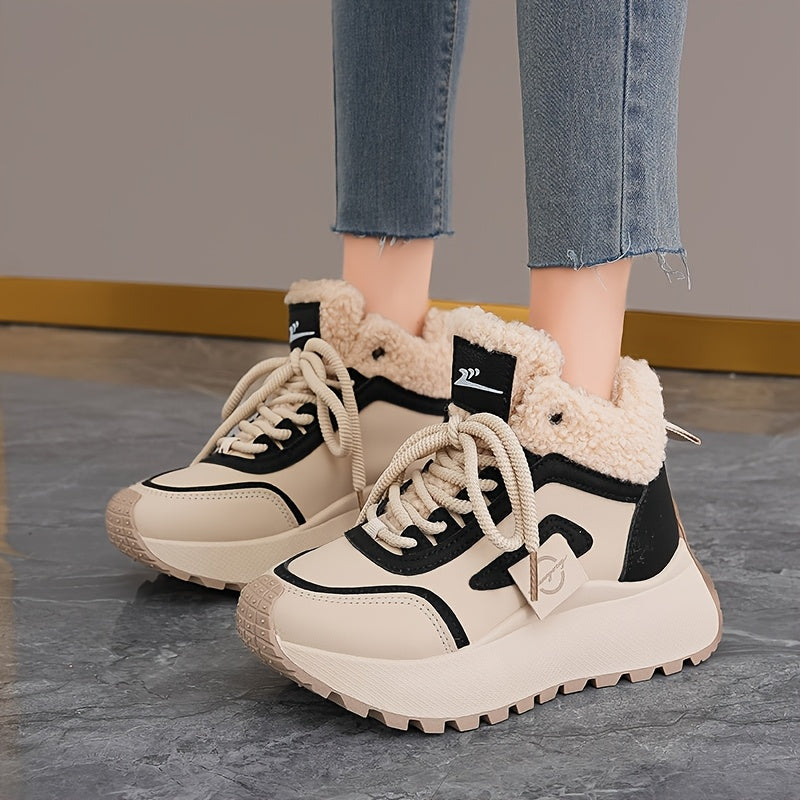 Women'S Winter Snow Boots with Thick Cushioned PVC Sole for Height Increase - Slip-Resistant Traction, Synthetic Faux Leather Upper & Plush Lining, Beige/Black Colorway - All-Terrain Traction for Ice, Snow, and Casual Wear -