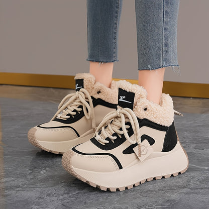 Women'S Winter Snow Boots with Thick Cushioned PVC Sole for Height Increase - Slip-Resistant Traction, Synthetic Faux Leather Upper & Plush Lining, Beige/Black Colorway - All-Terrain Traction for Ice, Snow, and Casual Wear -