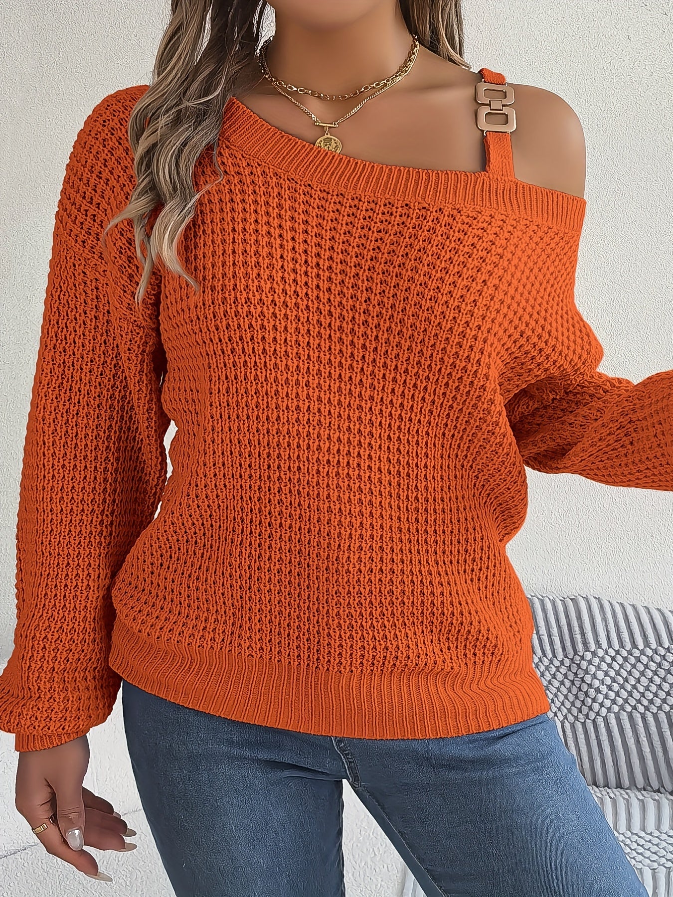 Casual And Versatile Long-Sleeve Sweater with Shoulder Cutouts And Metal Buttons for Autumn And Winter.