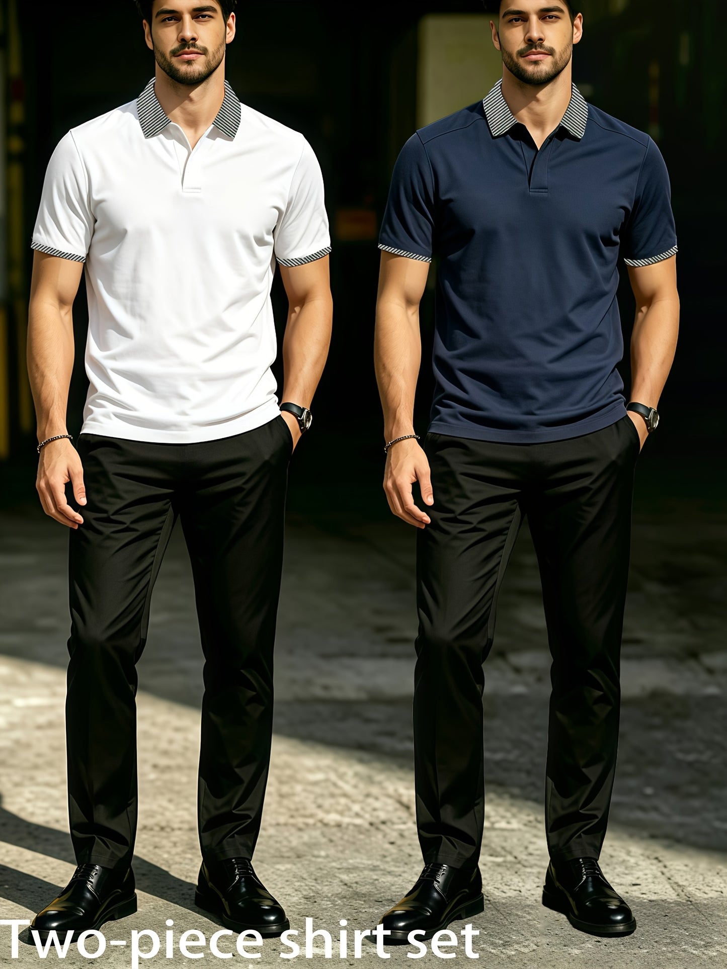 Men's Summer Plaid Collar Polo & Black Pants Casual Set