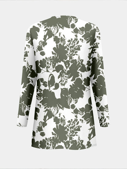 Plus Size, A three-piece set of elegant and unique female plus-size floral printed top and solid-colored vest and trousers