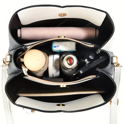 Women's Elegant Two-Tone Faux Leather Tote Bag with Detachable Strap