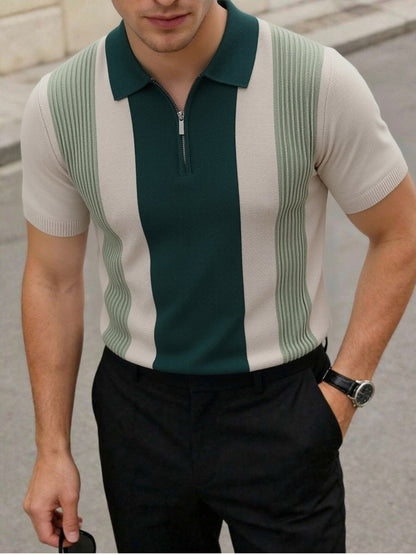 Men's Striped Knit Polo Shirt with Half-Zip for Summer Workwear