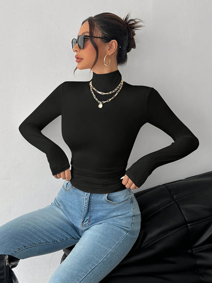 Women'S Elegant High Neck Long Sleeve T-Shirt - Soft Stretchy Solid Color Top for Spring Summer Fall, Versatile Casual & Formal Wear, Machine Washable, Seasonal Fashion, Sophisticated Style, Comfortable Fit, Stylish Blouse, F