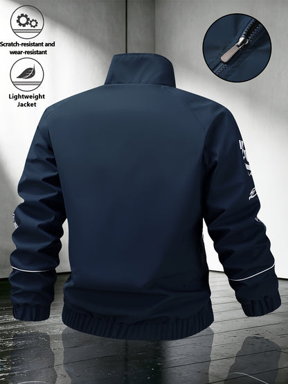 Men's Black Woven Stand Collar Bomber Jacket with Letter Badge