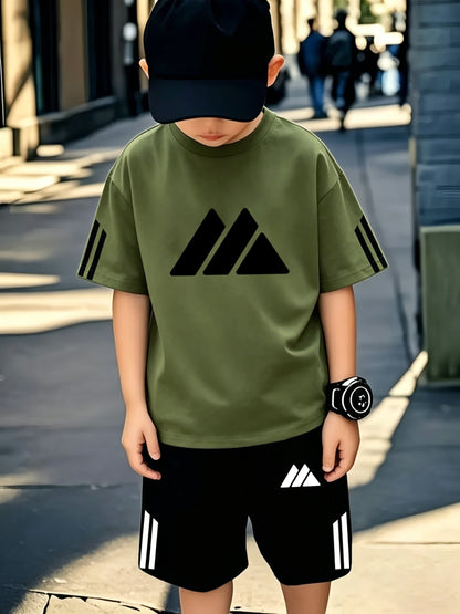 Boys' Casual Sports Set with Mountain Print, Polyester, Ages 7-12