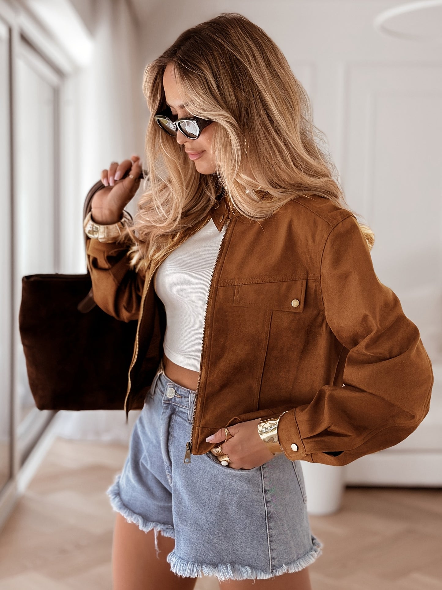 Women's Elegant Tan/Brown Faux-Sheepskin Jacket - Winter Warm Full-Zip Collar Coat, Golden-Tone Button-like Closure, Machine Washable Outerwear for Casual & Formal Events (A-Line Houndstooth-Like Scale Pattern)