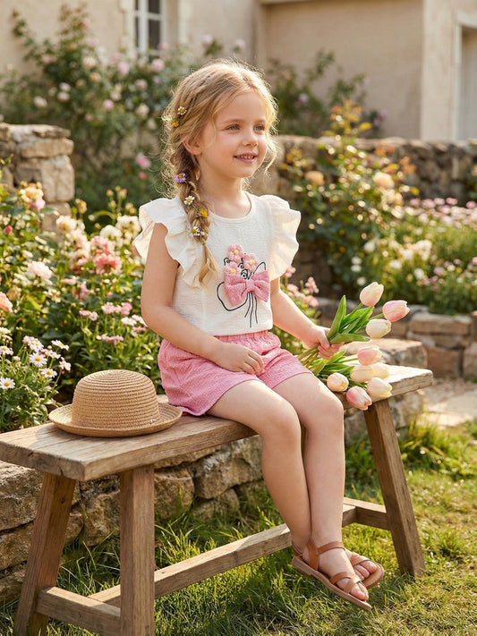 Girls' Summer Two-Piece Set with Floral Sleeveless Top & Shorts