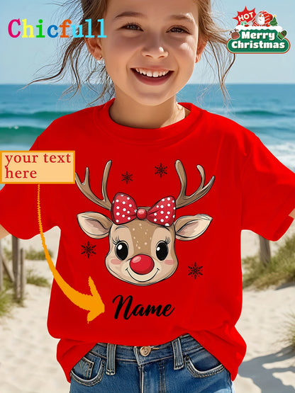 CHICFULL Girls' Personalized Name/Text Christmas Rudolph & Polka Bow T-Shirt - Red Smiling Reindeer Print with Golden Lettering, Soft Round Neck Casual Knit Top for Spring/Summer & Christmas, Machine Washable - Girls' Birthda