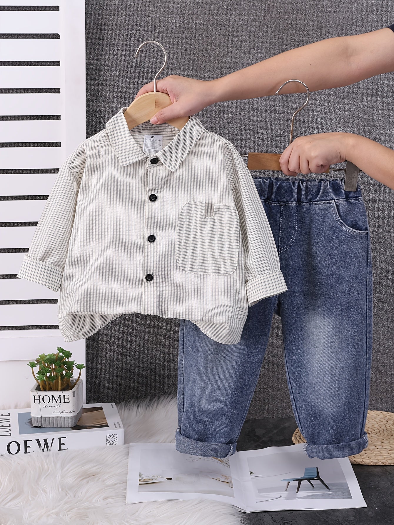 Boys' Casual Striped Long-Sleeve Shirt and Jeans Set