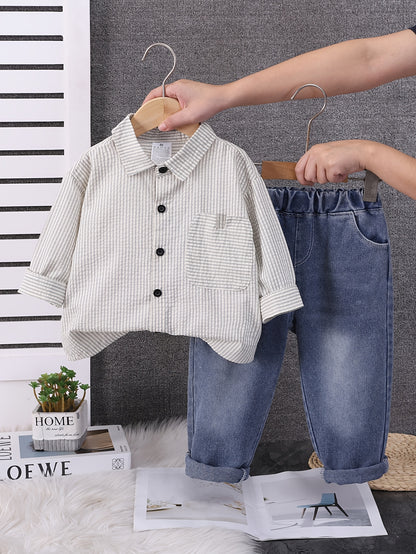 Boys' Casual Striped Long-Sleeve Shirt and Jeans Set