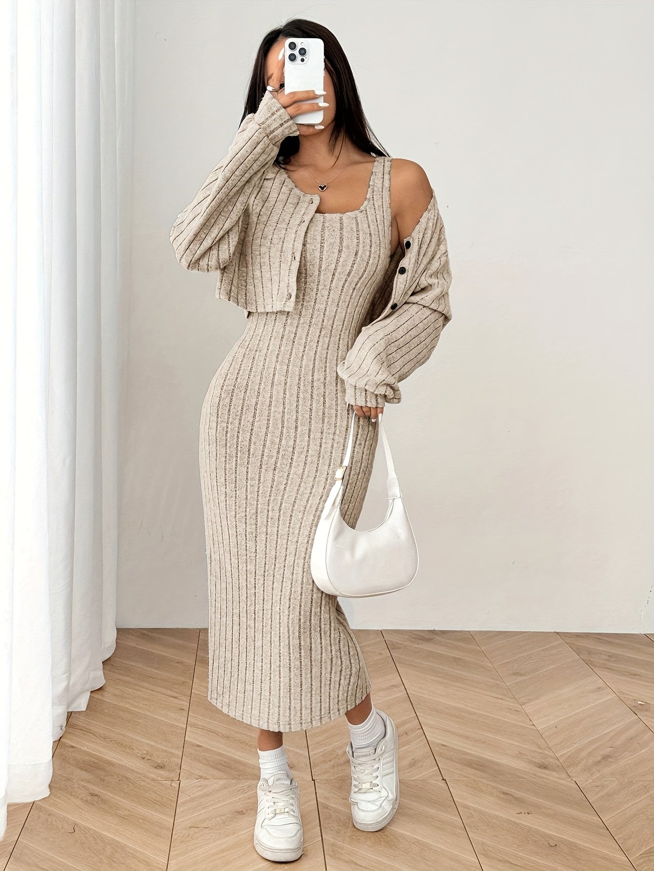 Women'S Autumn And Winter Outfit Featuring a Long-Sleeve Top with a Coat And a Camisole Dress in a Two-Piece Set.