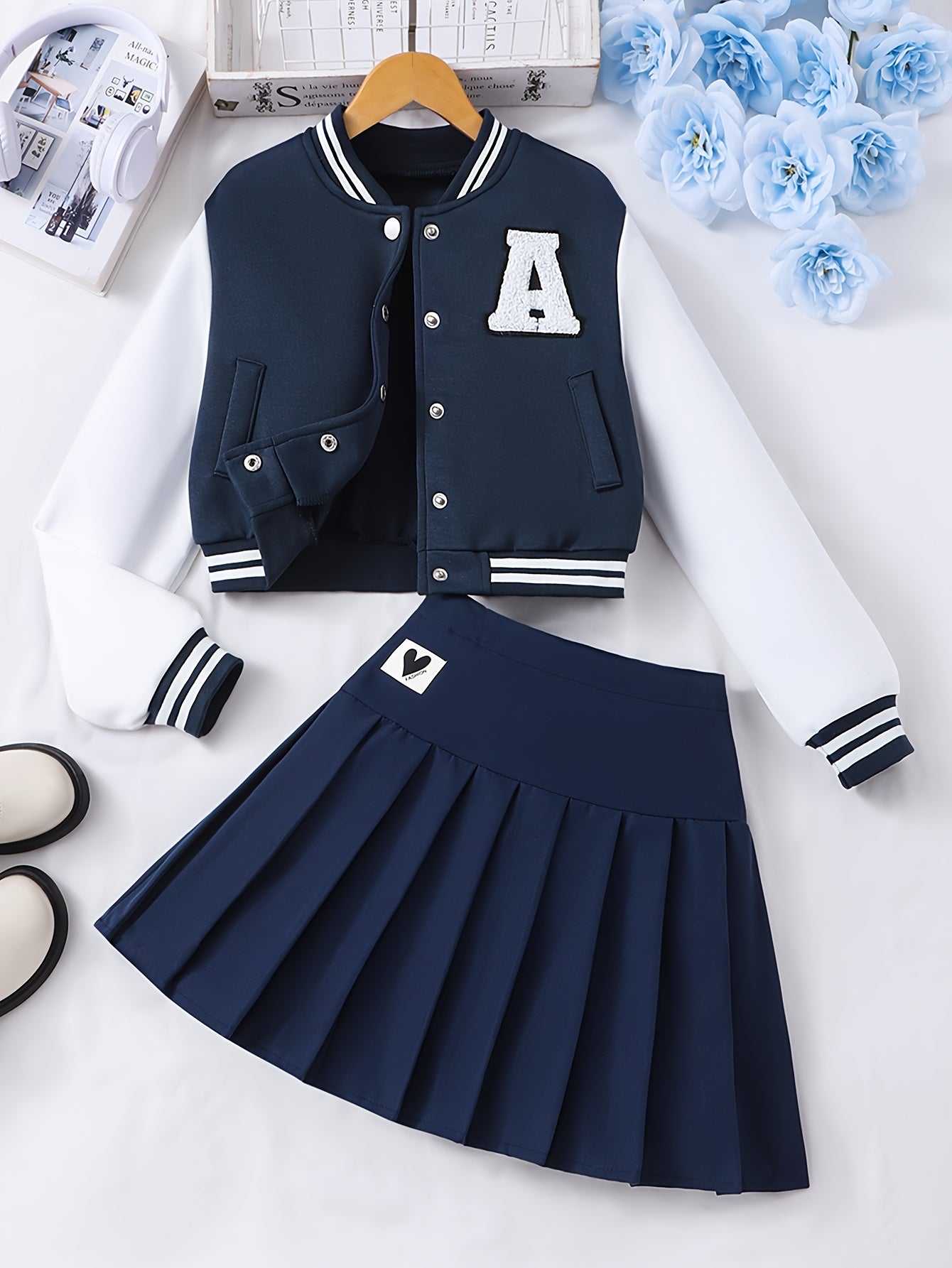 Girls' Preppy Baseball Collar Top and Pleated Skirt Set