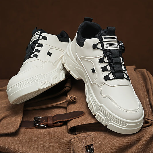 Men'S 2025 Spring Sneakers - Low-Top Lace-Up Casual Shoes with Rotating Button Closure, Breathable Mesh Lining  Cushioned EVA Sole for Running, Hiking, Gym - White  Black Design, Hiking Footwear, Modern Sneakers, Fabric Lin