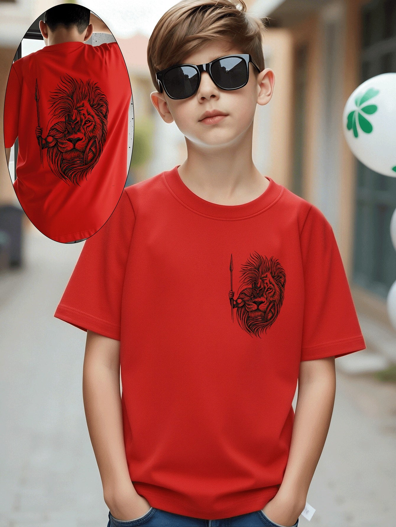 Boys' Cotton T-Shirt with Lion Warrior Print - Casual Summer Top