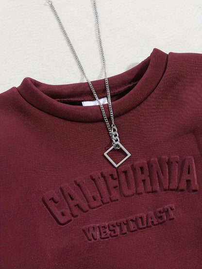 Tween Girls' Autumn/Winter Letter Embossed Warm Lined Sweatshirt and Joggers, Perfect for Outdoor