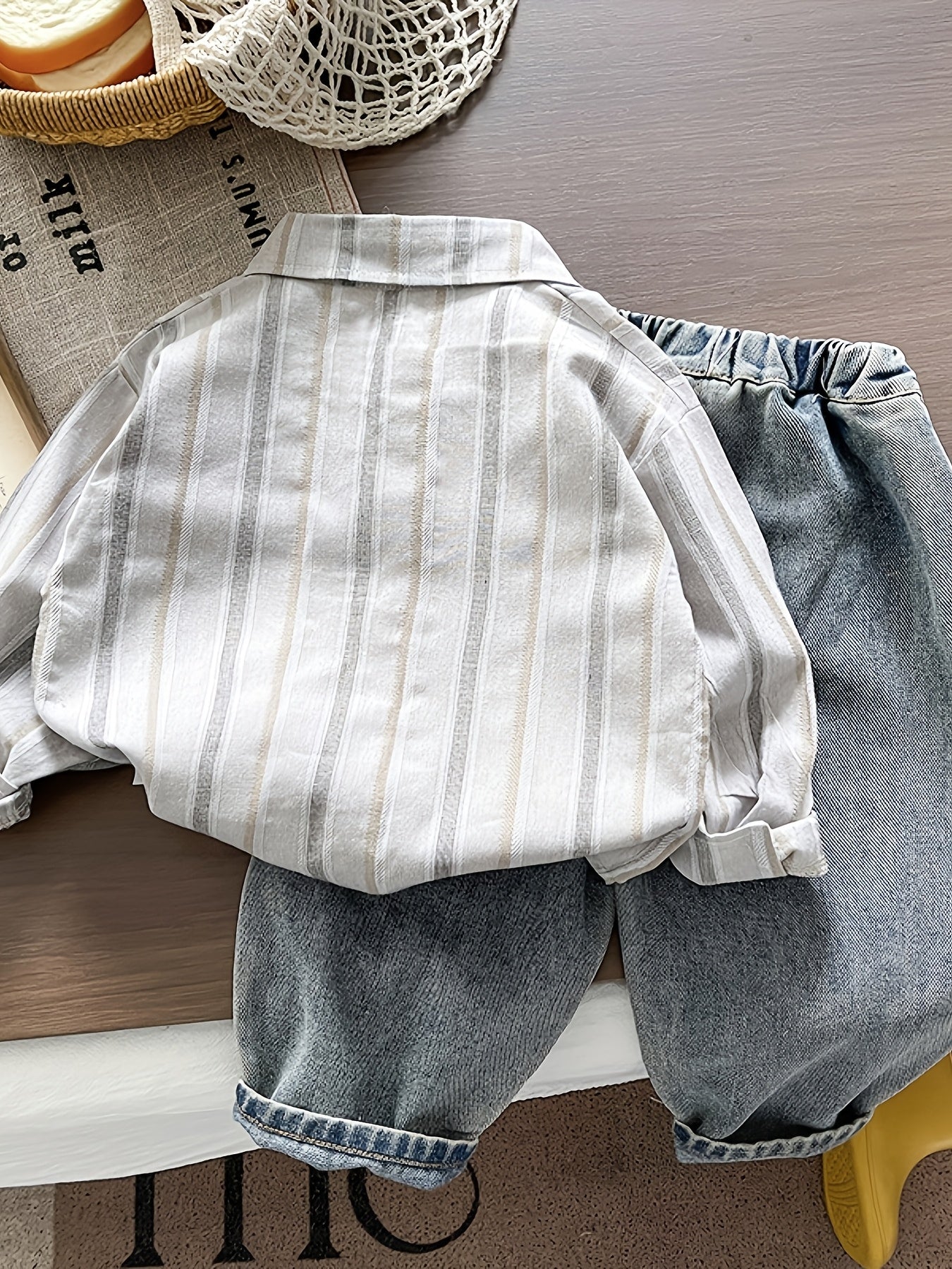 Boys' Cotton Stripe Lapel Shirt and Denim Pants Set for Spring/Fall