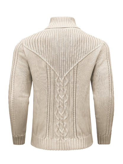 Men's High Collar Warm Knit Sweater - Stretchy Fashion Ribbed Pullover, Elegant Gentleman Cardigan