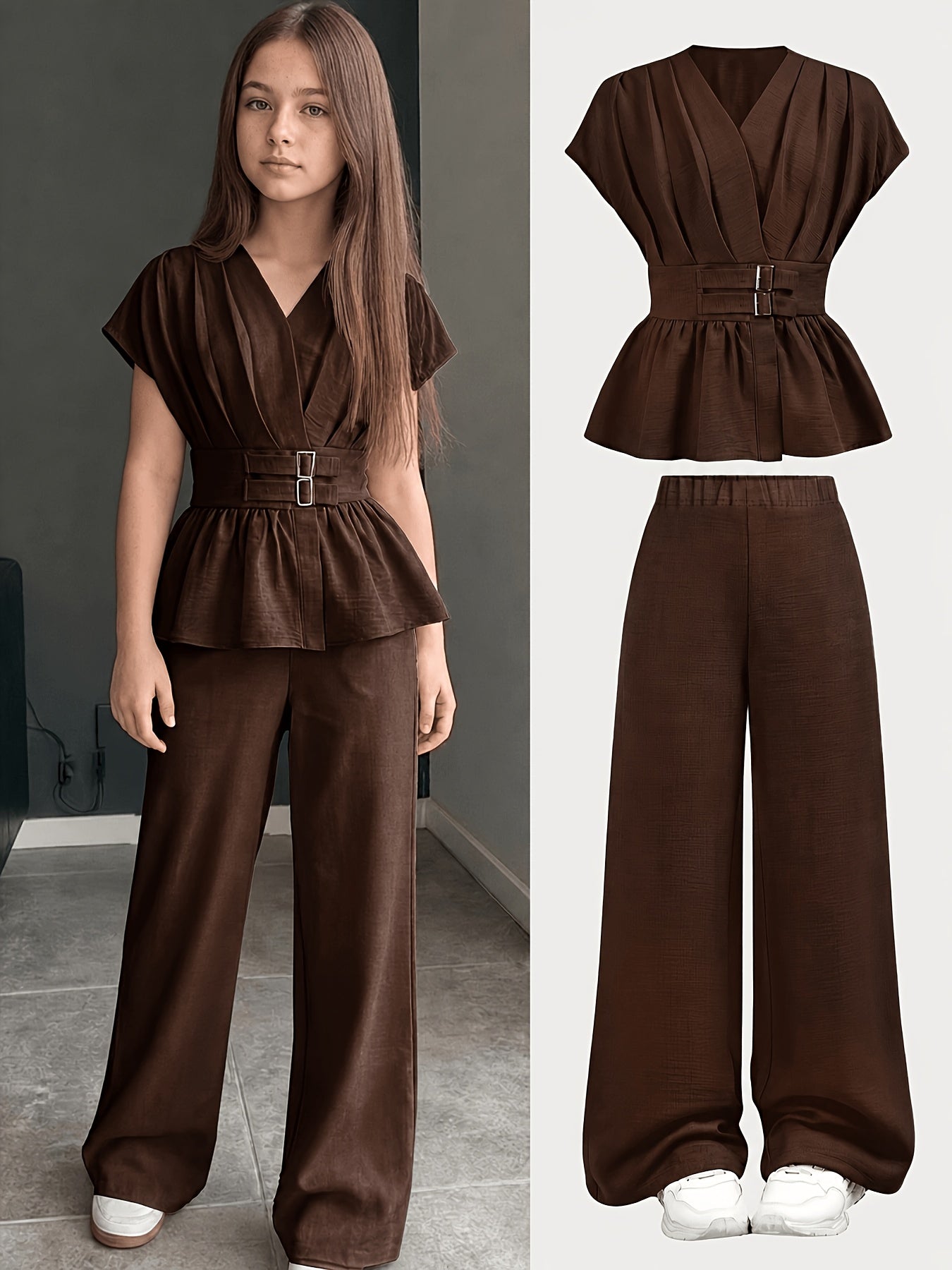Girls' Spring/Summer 2-Piece Set with Ruched Waist Top & Pants