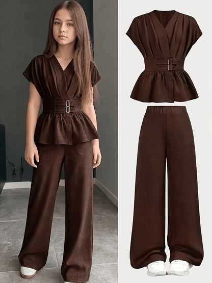 Girls' Spring/Summer 2-Piece Set with Ruched Waist Top & Pants