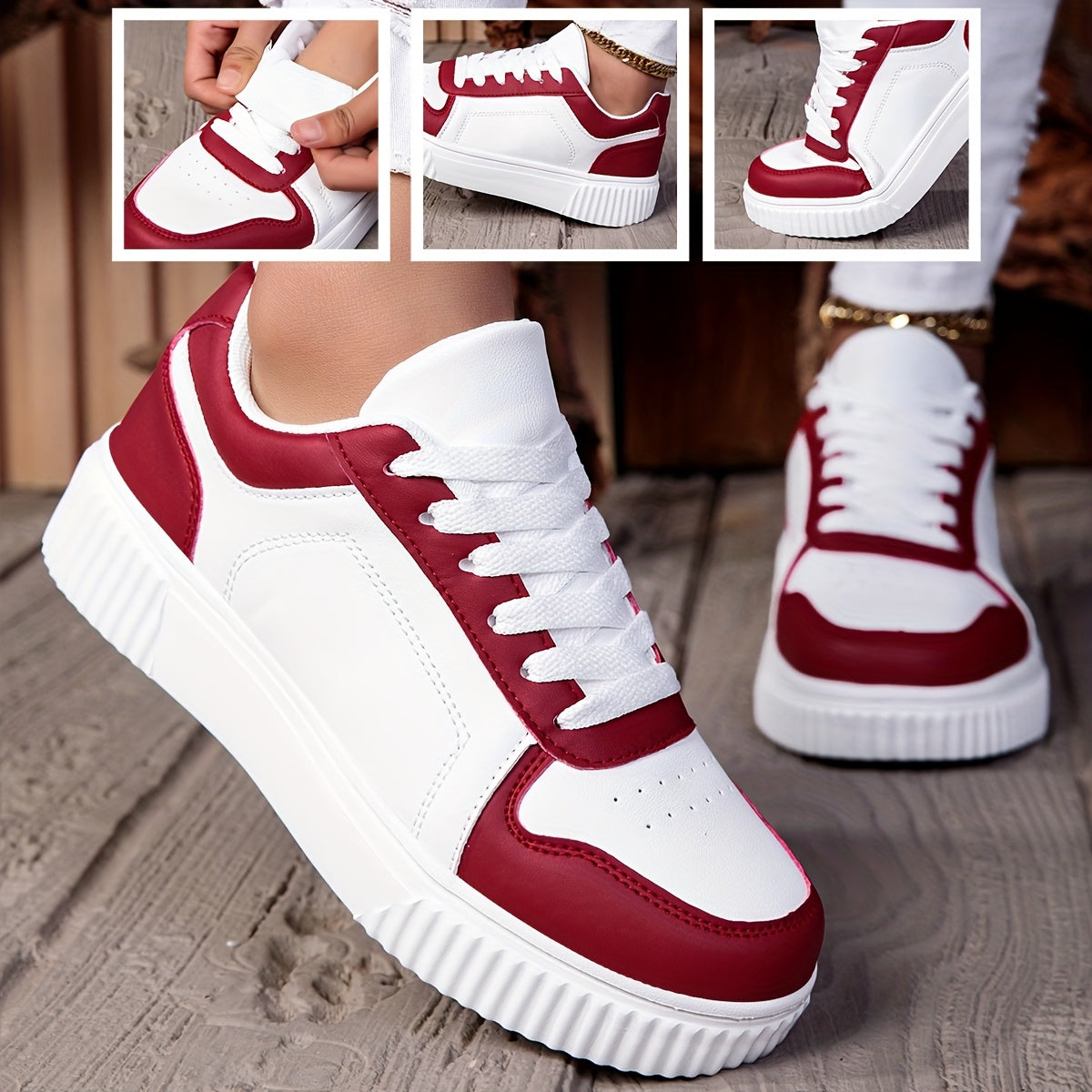 Women’s Casual Dual-Tone Low-Top Sneakers with Lace-Up Closure