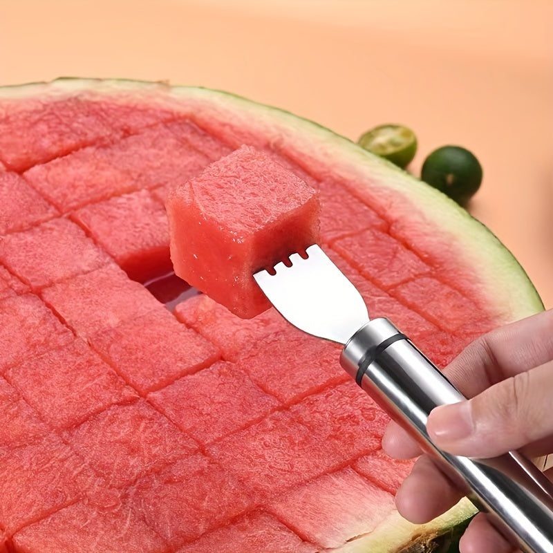 Stainless Steel Watermelon Slicer - 2-in-1 Cutter & Fork, Perfect for Dicing & Serving, Kitchen Essential
