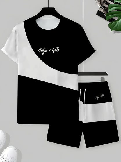 1 Set of 2pcs 3D Letter Print Fashion Tri-Color Men's Summer Fresh T-Shirt and Shorts Set, Slightly Stretchy Polyester Knit Fabric, Regular Fit, Suitable for Outdoor Activities and Family Gatherings