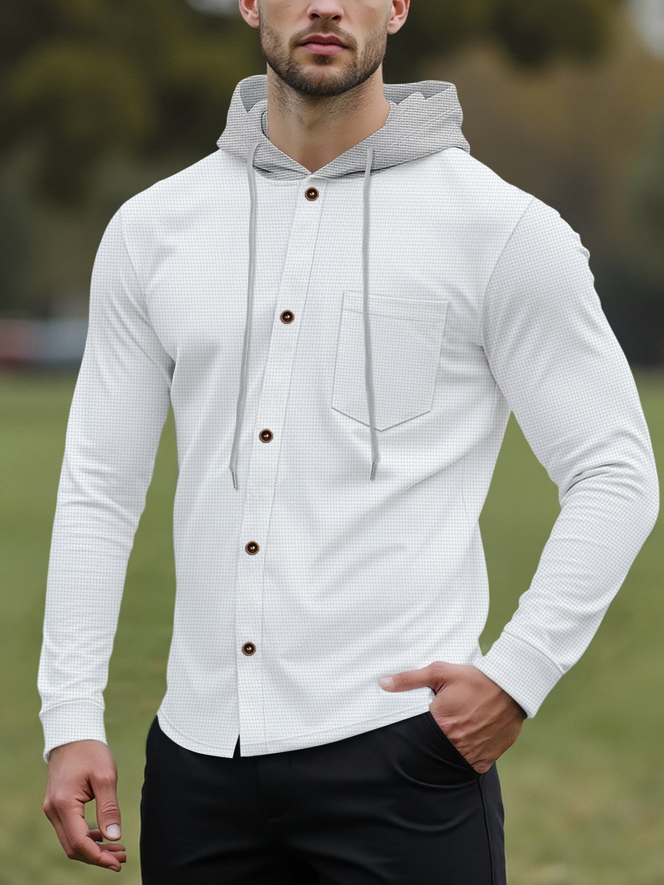 Men'S Lightweight Hooded Cardigan - Long Sleeve Sweater Jacket, Button-Front Closure, Light Grey Casual Outerwear for Office, Casual Attire - Breathable Fall/Spring Layering Essential, Sweater Cardigan, Waffle Texture, Durabl