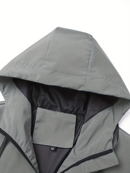 Men'S Stylish Black Hooded Windbreaker Jacket with Zipper Pockets - Casual, Loose Fit, Long Sleeve, Polyester Lining, Perfect for Spring and Fall, Casual Wear Jacket|Hooded Jacket|Zippered Jacke