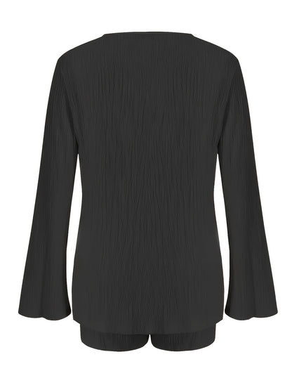 Women’s Solid Color Tie-Front Long Sleeve Top & Shorts Set