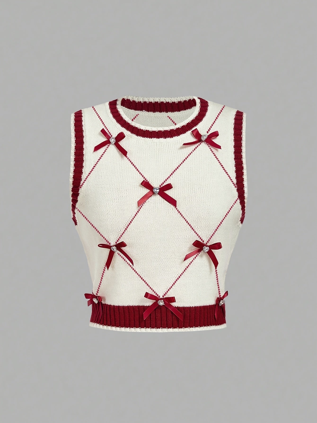 Women'S Casual Geometric Pattern Vest with Red Bow Detail - & Red Color Block Design, Round Neck, Long Sleeve, All-Season Layering Piece, Casual Wear, |geometric Pattern Vest|sleeve Vest, Sweater Vest