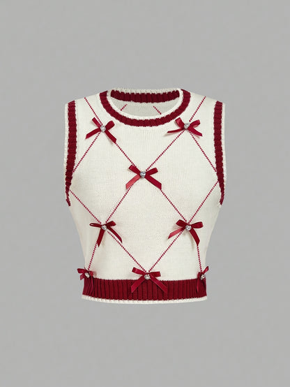 Women'S Casual Geometric Pattern Vest with Red Bow Detail - & Red Color Block Design, Round Neck, Long Sleeve, All-Season Layering Piece, Casual Wear, |geometric Pattern Vest|sleeve Vest, Sweater Vest