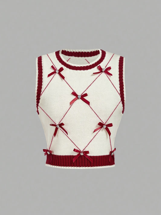 Women'S Casual Geometric Pattern Vest with Red Bow Detail - & Red Color Block Design, Round Neck, Long Sleeve, All-Season Layering Piece, Casual Wear, |geometric Pattern Vest|sleeve Vest, Sweater Vest