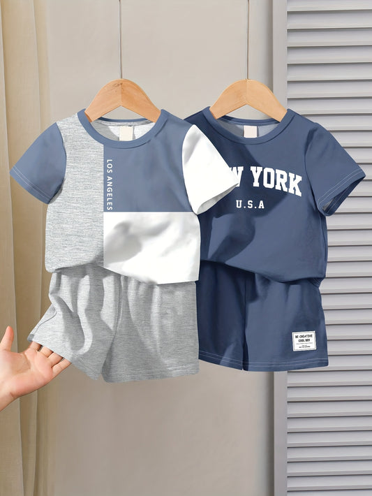 Boys' Summer Casual Sportswear Set with Color Block & Letters