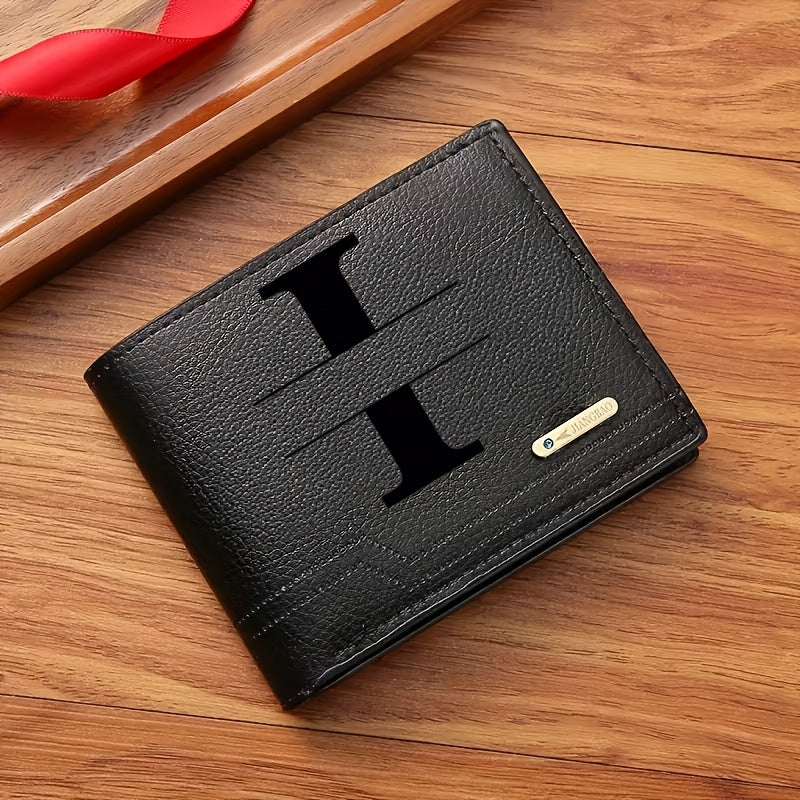 1pc Men's Business Style Faux Leather Wallet, Customizable Text and Initials, Solid Color Faux Leather with Contrast Accents, Compact Short Bifold Design for Easy Carrying - Perfect Birthday Gift for Boyfriend and Father, Per