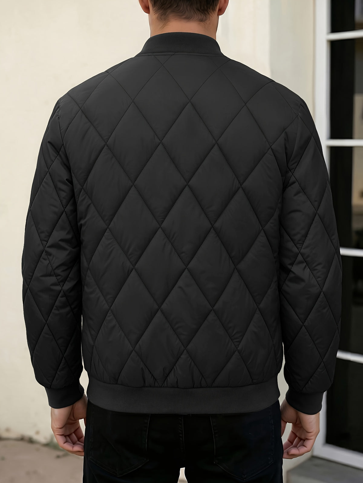 Men's Black Quilted Casual Jacket with Stylish Letter Print