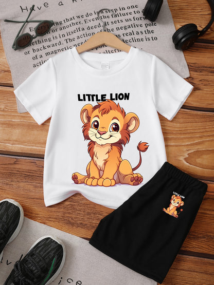 Boys' Casual Lion Print T-Shirt and Shorts Set for Spring/Summer - ayq