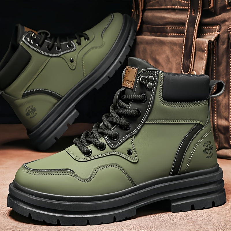 Men's Trendy Solid Ankle Boots, Comfy Non Slip Lace Up Durable Shoes for Men's Outdoor Activities