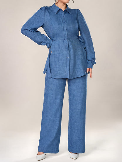Stylish and Elegant Casual Two-Piece Women's Outfit with Side Tie Single-Breasted Shirt and Wide-Leg Pants for Office Wear