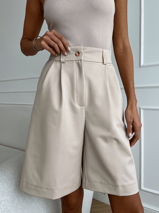 Women's Tailored High Waist Beige Bermuda Shorts for Office