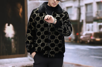 Men'S Winter Faux Fur Jacket | Black & Golden Contrast Design | Notch Lapel Collar | Zippered Closure | Polyester Lining | Stylish & Functional for Formal Occasions, Winter Outerwear | Contrast Color Jacket | Notch Lapel Coll