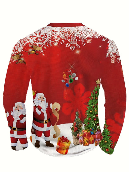 Men'S Red & Waffle Christmas Sweater with Santa Claus & Snowflake Print - Long Sleeve V-Neck Button-Front Casual Holiday Party Shirt, Christmas Sweater, Seasonal Clothing, Comfortable Fit, Festive Clothing, Warm Material