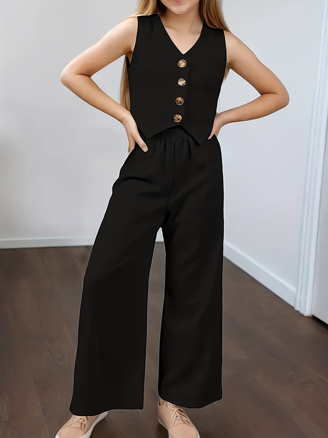 Girls' Summer Sleeveless Vest & Wide-Leg Pants Set