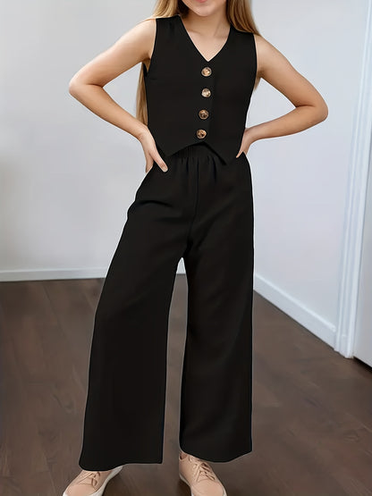 Girls' Summer Sleeveless Vest & Wide-Leg Pants Set